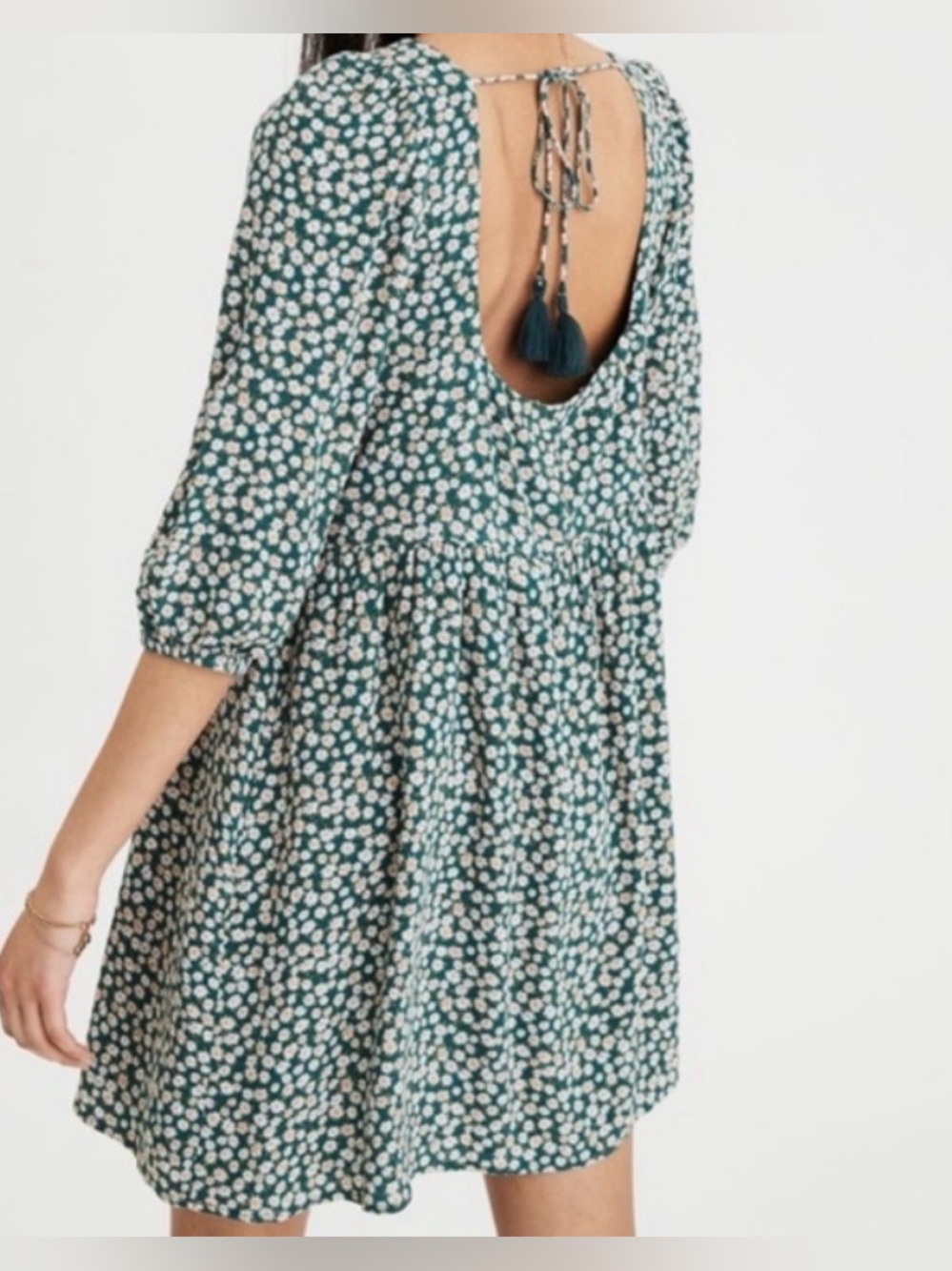 American Eagle Outfitters Teal Floral Open-Back Babydoll Dress size xs
